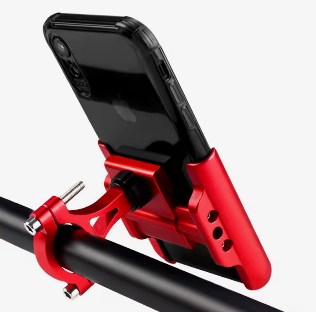 Alloy bike phone holder mounted on a handlebar gripping a phone