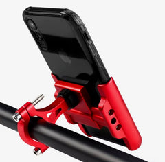 Alloy bike phone holder mounted on a handlebar gripping a phone thumbnail 1
